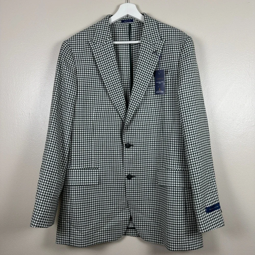 Stafford Mens 40 Regular Sport Coat Green Houndstooth Wool Blend Classic Fit NEW